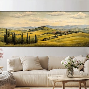 Tuscany Landscape Oil Painting Green Hills Wall Art Italian Countryside Canvas Art Rustic Farmhouse Decor LivingRoom Wall Art Large Wall Art