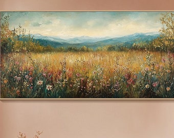 Wildflower Wall Art Meadow Landscape Oil Painting Tranquil Mountain Wall Art Nature-Inspired Art Living Room Wall Art Oil Painting on Canvas