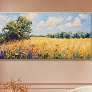 Pintura al óleo original de campo de trigo, arte de pared dorado, obra de arte de flores silvestres, arte de paisaje de verano, arte inspirado en la naturaleza, decoración del hogar, arte de pared para dormitorio
