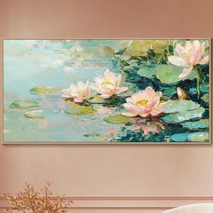 Original Floral Painting Oil Painting Summer Lotus Wall Art Vintage Textured Wall Art Bedroom Wall Art 3d Green Wall Art Horizontal Wall Art