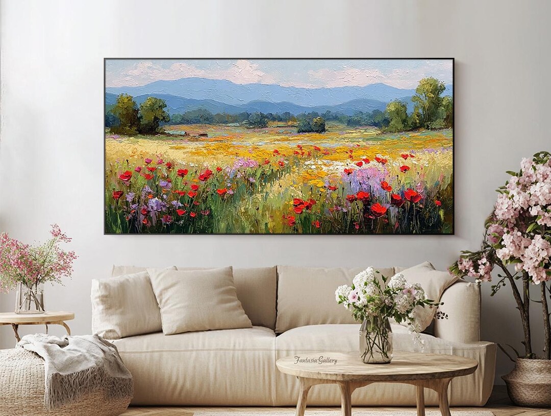 Original Wildflower Oil Painting Poppy Field Landscape Art Large Canvas ...