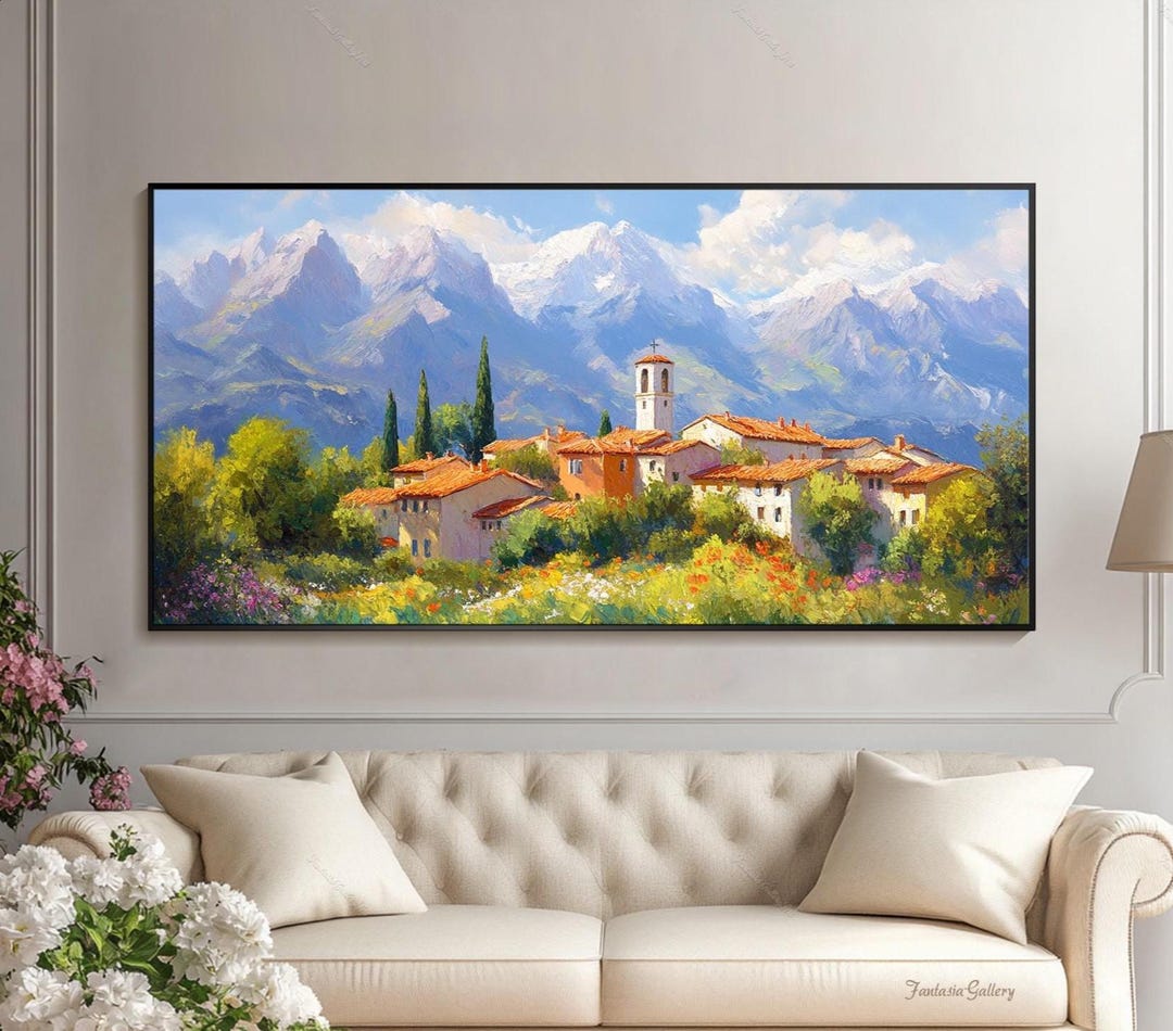 Original Landscape Oil Painting 3d Textured Wall Art Italian Countryside Wall Art Bedroom Wall Art Living Room Wall Art Mountain Village Art - 40''x80''|100x200 cm, Rolled Canvas