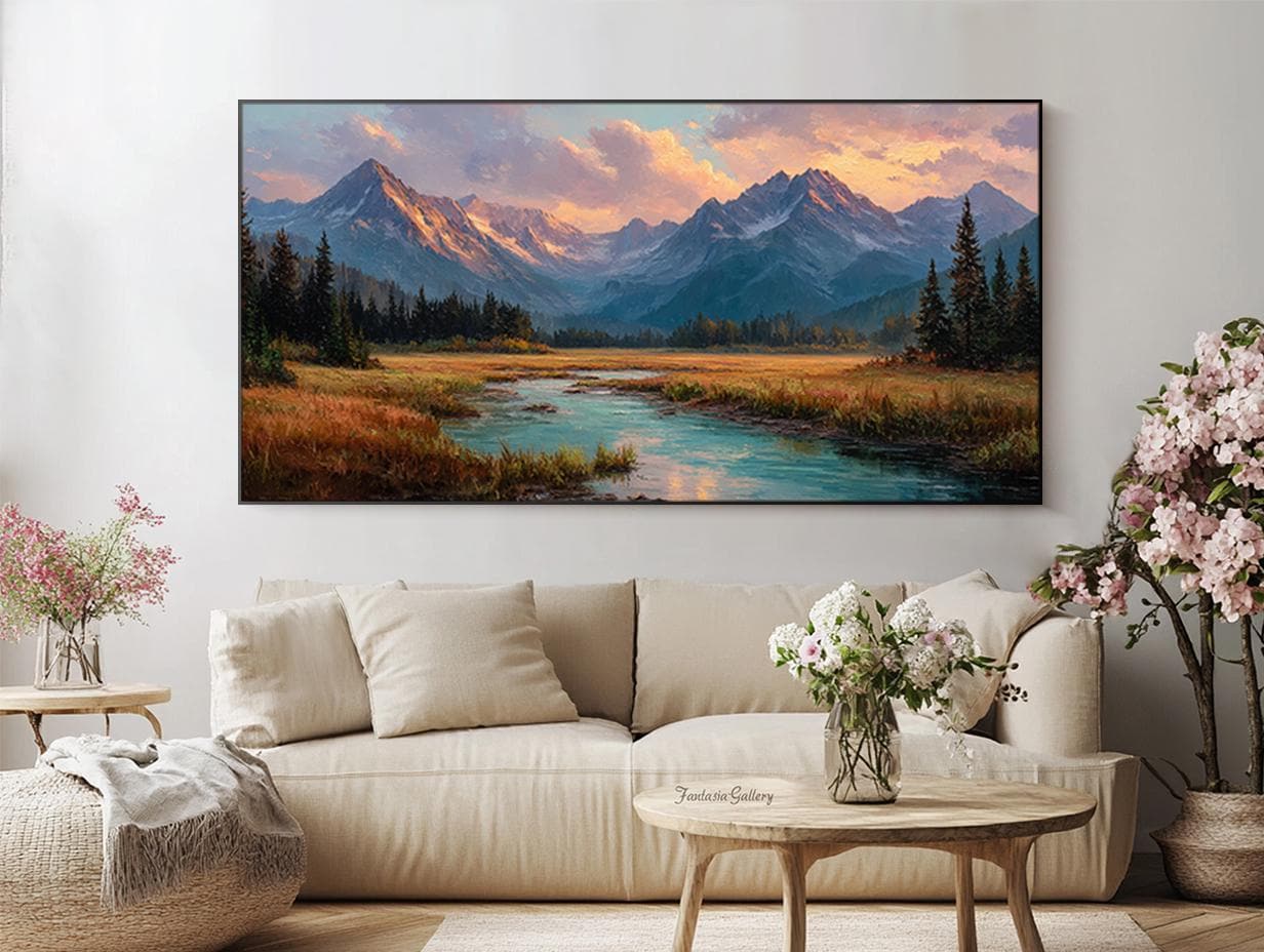 Original Landscape Oil Painting Mountain Sunset Wall Art Hand Painted ...