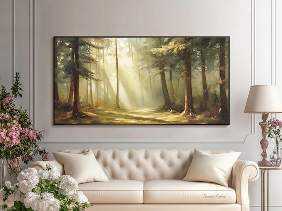 Abstract Forest Oil Painting Large Textured Woodland Wall Art Sunshine Canvas Artwork Green Trees Wall Decor Office Wall Decor Landscape Art