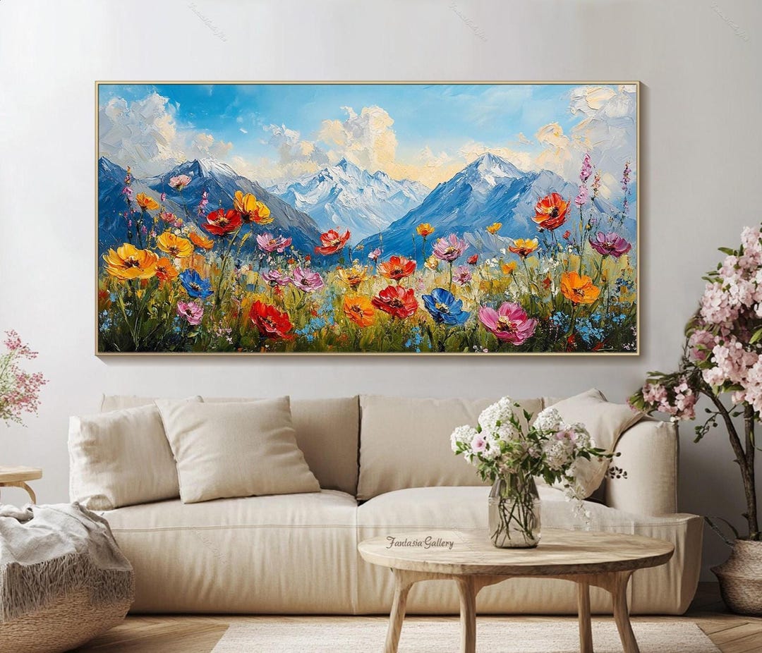 Original Landscape Oil Painting Large Mountain Wall Art Wildflower ...