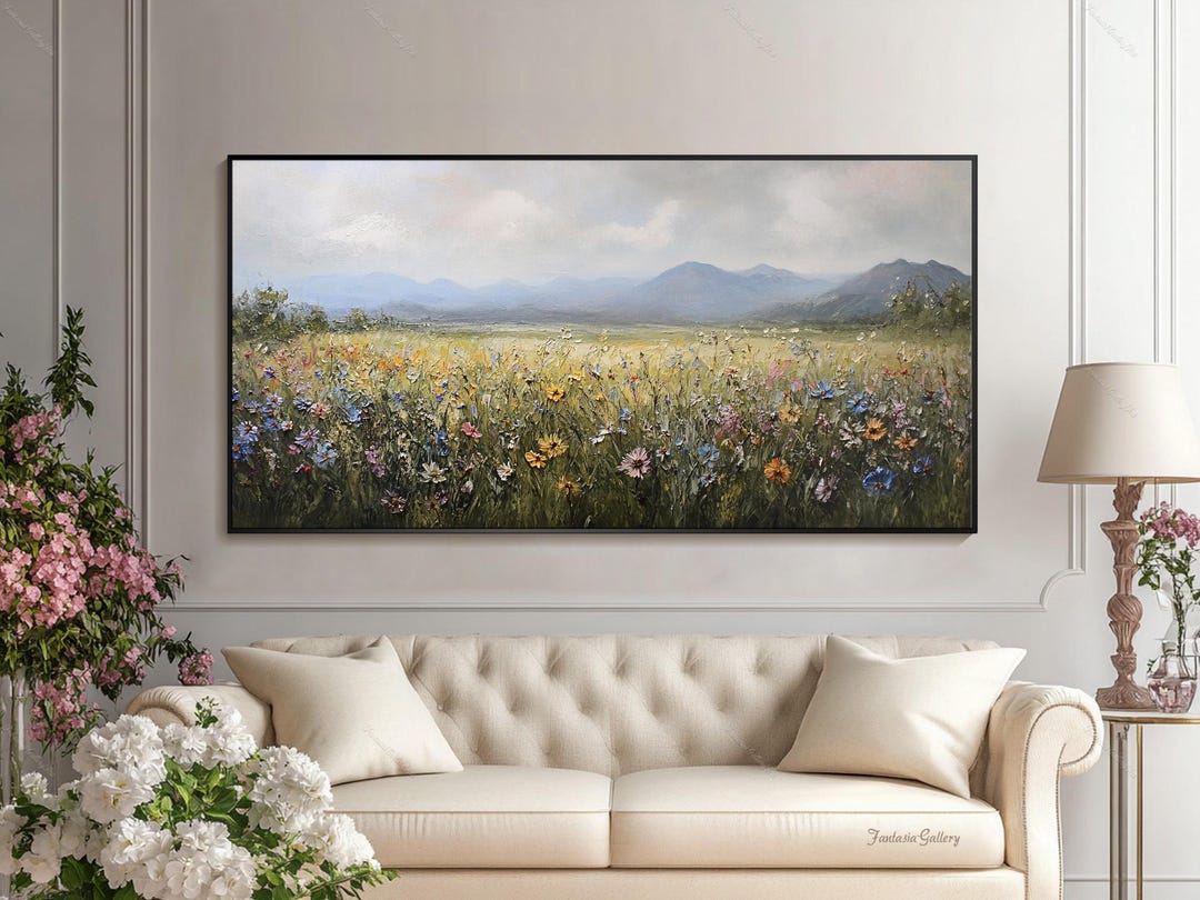 Wildflower Field Oil Painting Landscape Mountain Wall Art Large Floral ...