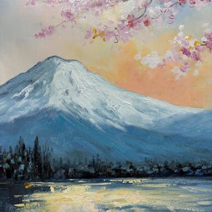 May include: A painting of a snow-capped mountain with a lake in the foreground. The sky is a soft blue with pink and white blossoms from a cherry tree in the upper right corner.