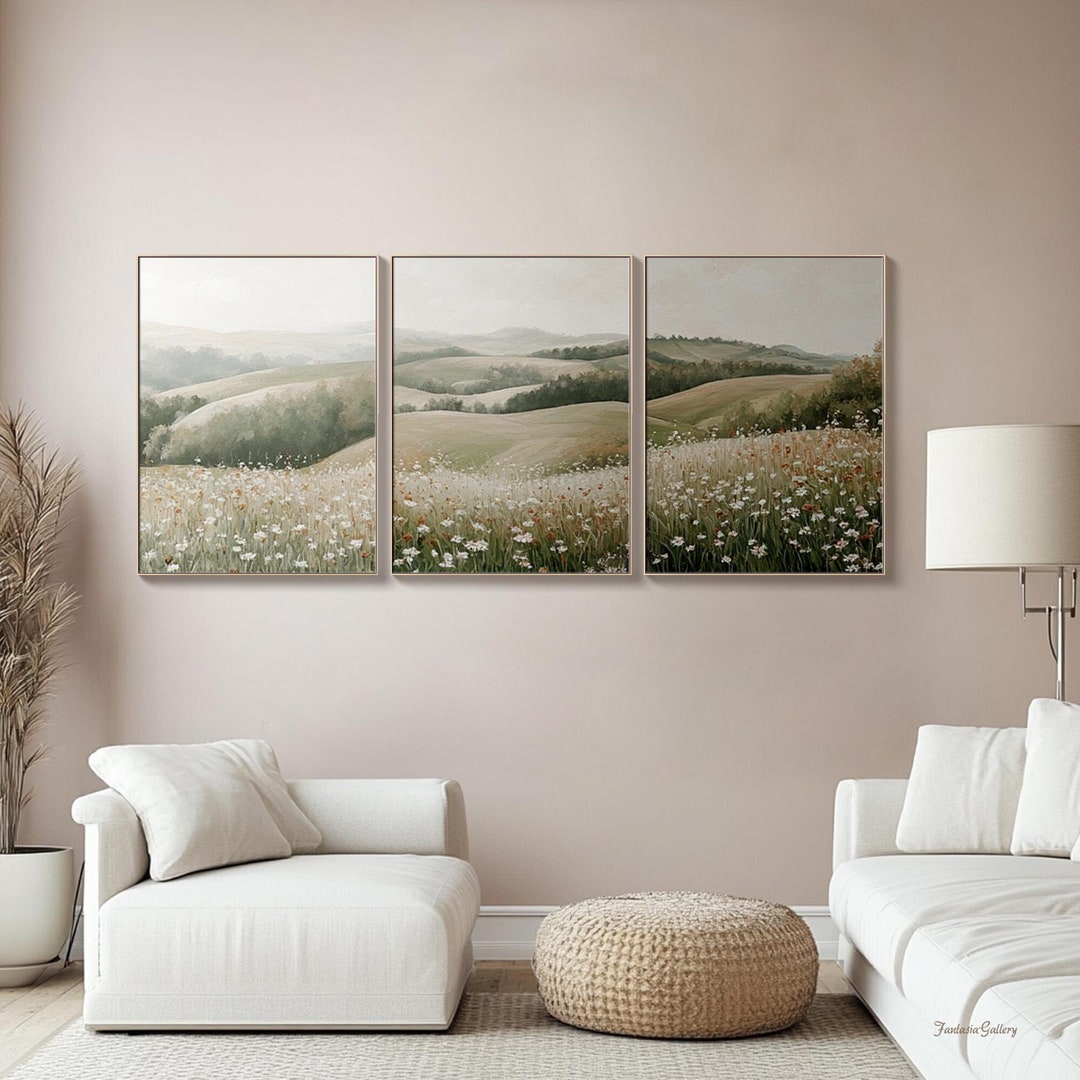 Landscape Oil Painting 3-piece Set Hills Wall Art Wildflower Wall Art ...