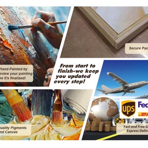 May include: A collage of images showcasing the process of creating a hand-painted artwork. The first image shows an artist's hand painting with a brush on a canvas. The second image shows a close-up of the canvas with paintbrushes and paint. The third image shows a framed artwork with secure packaging. The fourth image shows a plane flying over a globe with the logos of UPS, FedEx, and DHL, indicating fast and free global express delivery. The text "From start to finish-we keep you updated every step!" is displayed in the center of the collage.