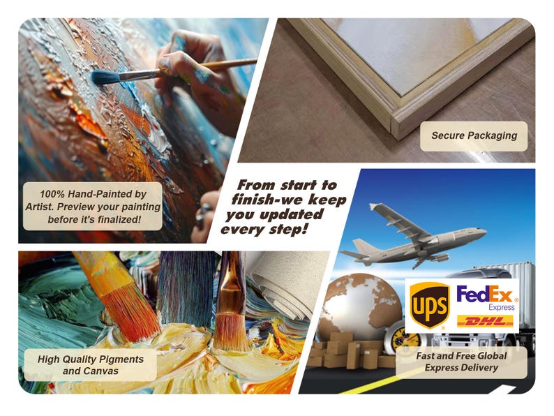 May include: A collage of images showcasing the process of creating a hand-painted artwork. The first image shows an artist's hand painting with a brush on a canvas. The second image shows a close-up of the canvas with paintbrushes and paint. The third image shows a framed artwork with secure packaging. The fourth image shows a plane flying over a globe with the logos of UPS, FedEx, and DHL, indicating fast and free global express delivery. The text "From start to finish-we keep you updated every step!" is displayed in the center of the collage.