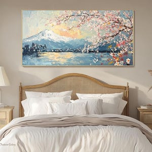 May include: A painting of a mountain range with a lake in the foreground. The mountain range is covered in snow and the lake is surrounded by trees. The sky is blue and there are pink and white flowers in the upper right corner of the painting.