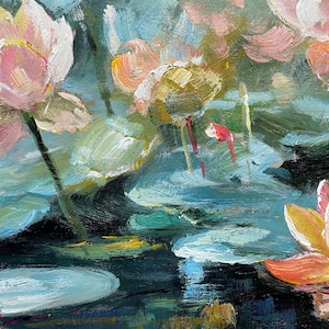 May include: A painting of pink water lilies in a pond. The water lilies are painted with soft brushstrokes and have a delicate, ethereal quality. The background of the painting is a soft blue and green, suggesting a peaceful and serene setting.