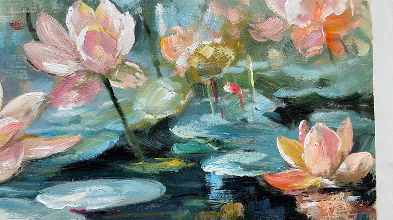 May include: A painting of pink water lilies in a pond. The water lilies are painted with soft brushstrokes and have a delicate, ethereal quality. The background of the painting is a soft blue and green, suggesting a peaceful and serene setting.