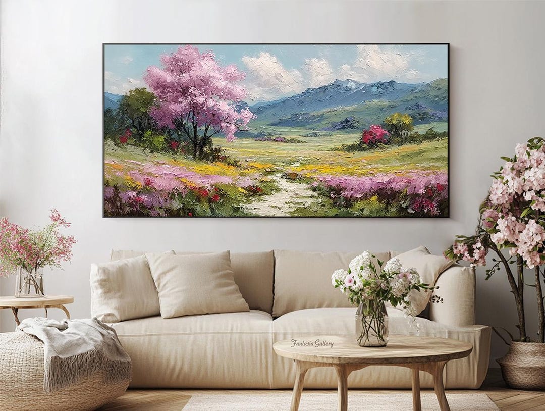 Original Landscape Oil Painting Cherry Blossom Canvas Art Textured Wall ...