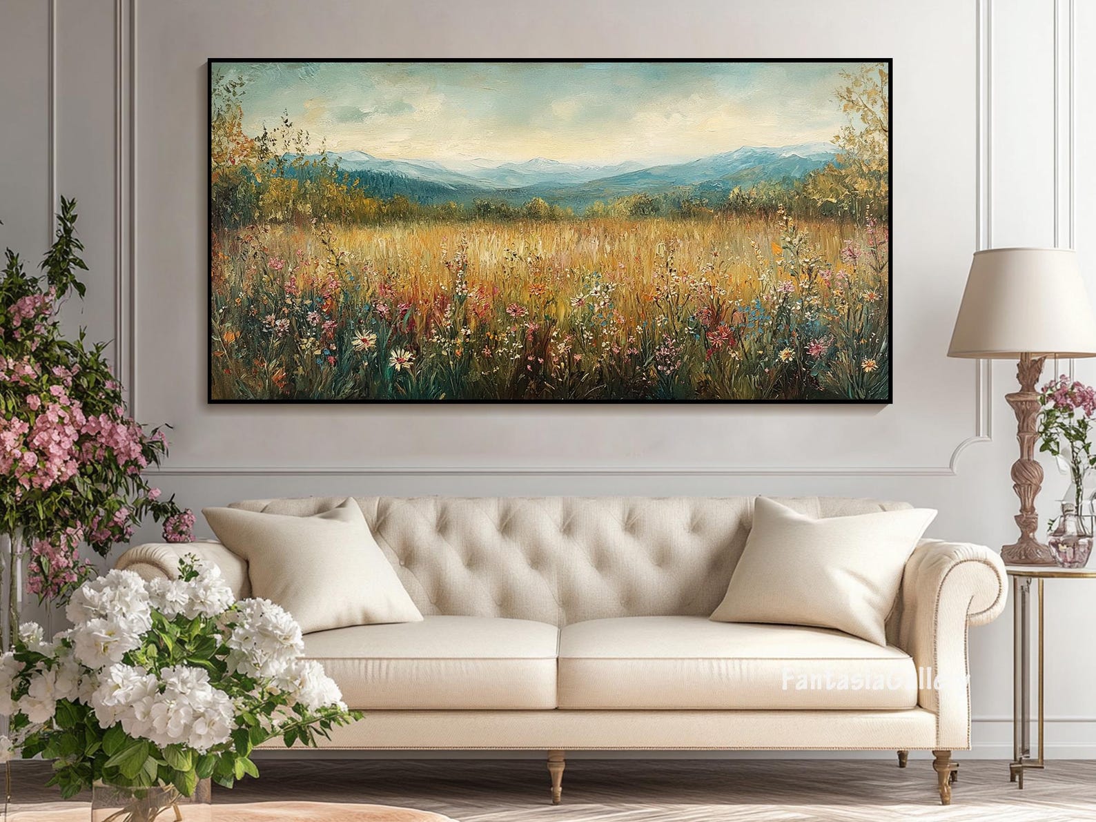 Wildflower Wall Art Meadow Landscape Oil Painting Tranquil Mountain ...