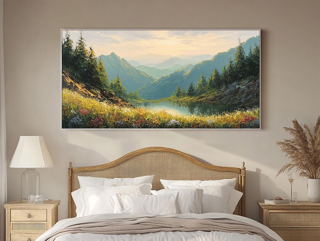 Original Mountain Lake Oil Painting Green Textured Wall Art Large Wall ...