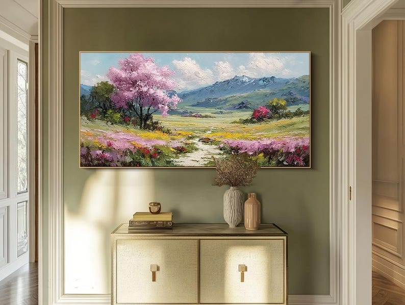 Original Landscape Oil Painting Cherry Blossom Canvas Art Textured Wall ...