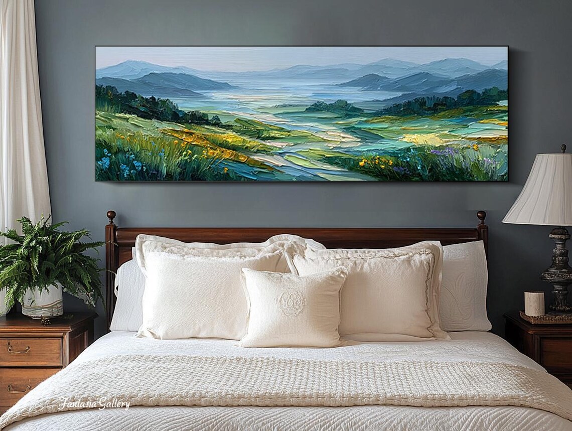 Green Nature Wall Art Mountain Landscape Oil Painting Textured Valley ...