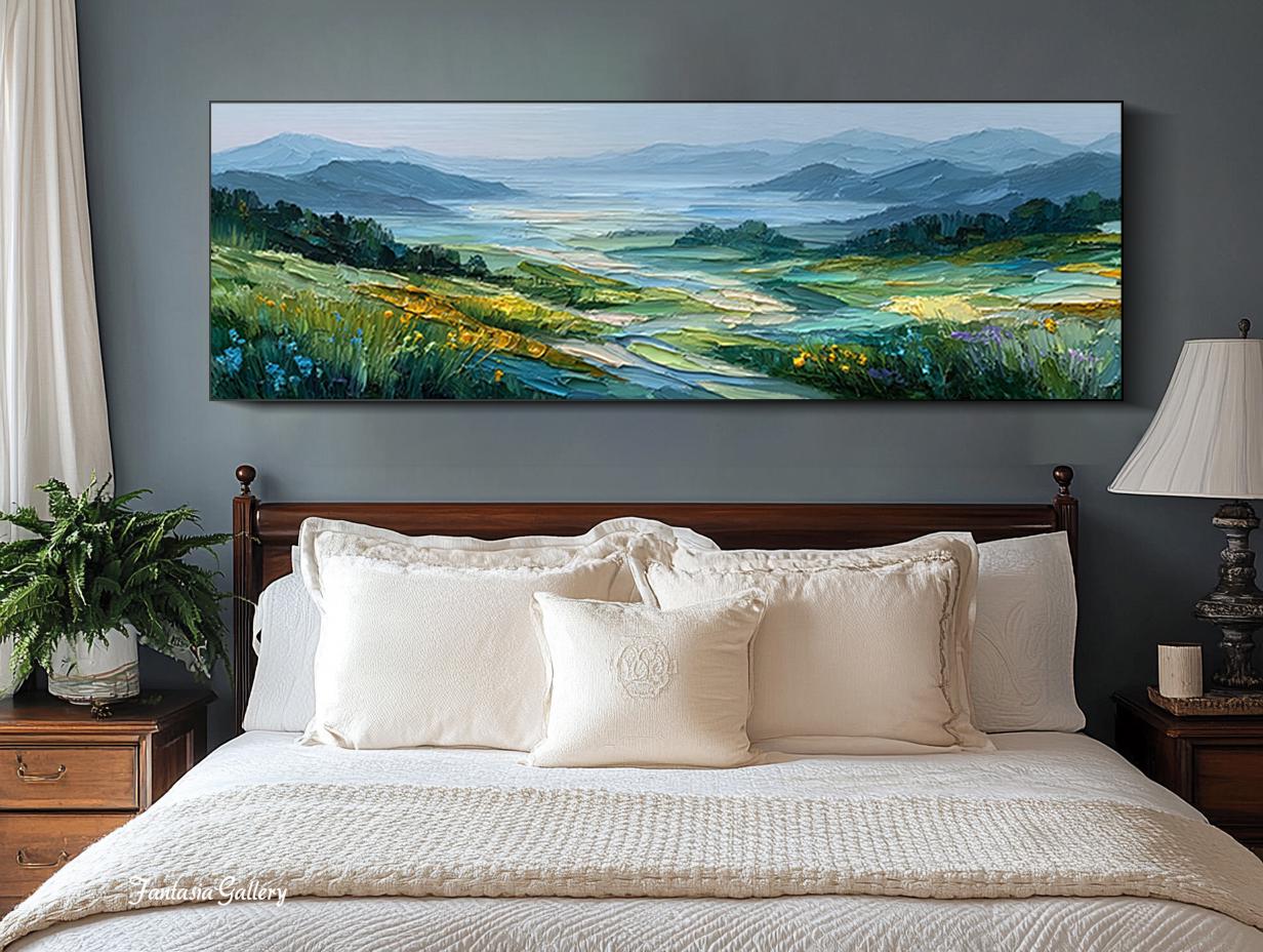 Green Nature Wall Art Mountain Landscape Oil Painting Textured Valley ...