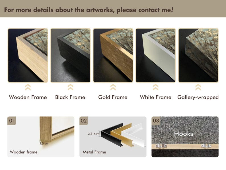 May include: A comparison of different framing options for artwork. The options include a wooden frame, a black frame, a gold frame, a white frame, and a gallery-wrapped option. The image also shows the thickness of the frames in inches.