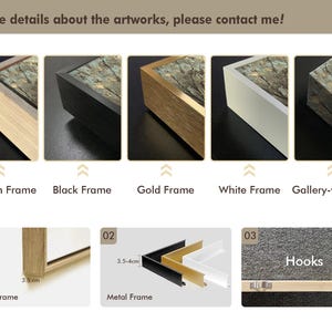May include: A comparison of different framing options for artwork. The options include a wooden frame, a black frame, a gold frame, a white frame, and a gallery-wrapped option. The image also shows the thickness of the frames, which are 3.5 inches for the wooden frame and 3.5-4 cm for the metal frame. The image also shows hooks for hanging the artwork.
