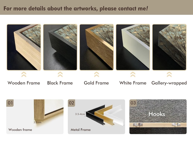 May include: A comparison of different framing options for artwork. The options include a wooden frame, a black frame, a gold frame, a white frame, and a gallery-wrapped option. The image also shows the thickness of the frames, which are 3.5 inches for the wooden frame and 3.5-4 cm for the metal frame. The image also shows hooks for hanging the artwork.