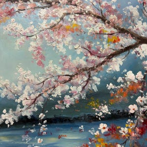 May include: A painting of a cherry blossom tree with pink and white flowers, hanging over a blue body of water. The water is painted with a textured brushstroke and reflects the light of the sky.