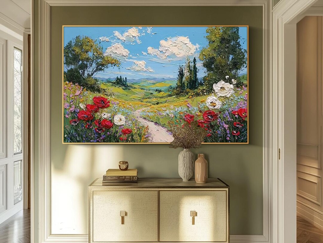 Original Landscape Impasto Oil Painting Living Room Wall Decor Poppy ...