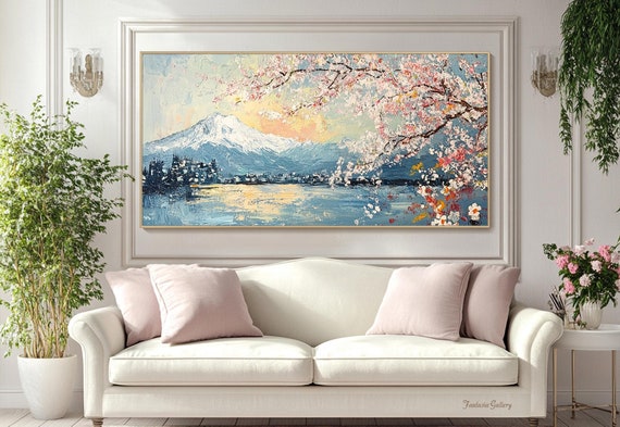 Pink Cherry Blossom Oil Painting Mountain Landscape Art Impressionist Nature Wall Art Textured Spring Canvas Wall Decor Living Room Wall Art
