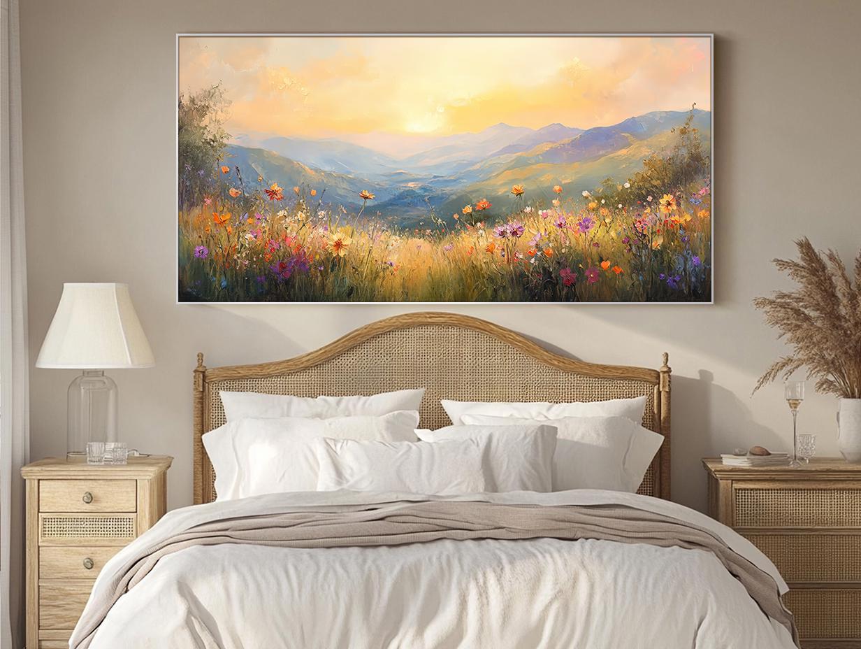 Golden Sunset Wall Art Mountain Landscape Oil Painting Large Textured ...