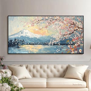 May include: A painting of a mountain range with a lake in the foreground. The mountain range is covered in snow and the lake is surrounded by trees. The sky is blue and there are pink and white flowers in the foreground.