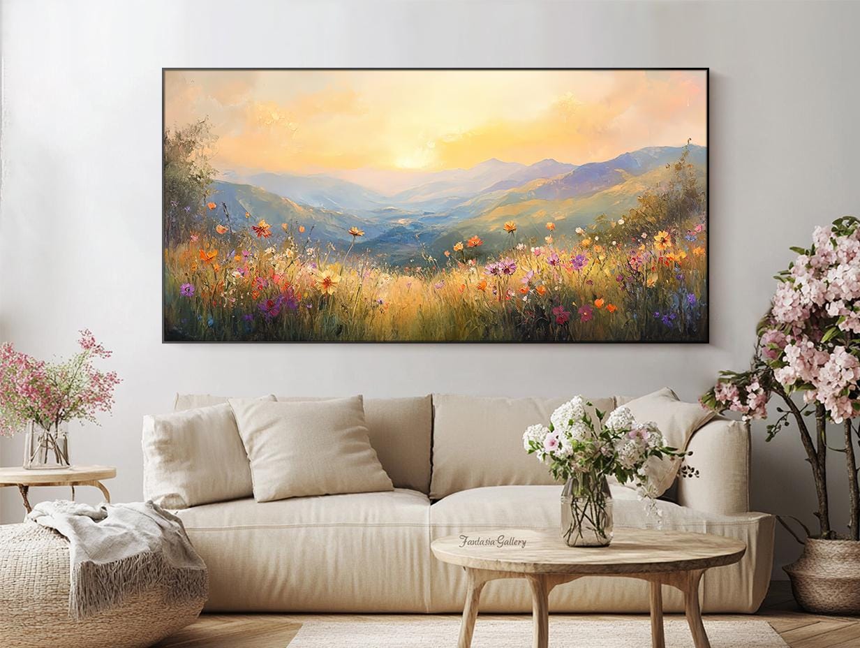 Golden Sunset Wall Art Mountain Landscape Oil Painting Large Textured ...