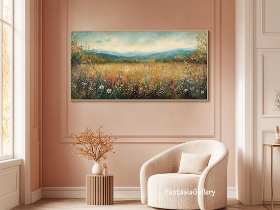 Wildflower Wall Art Meadow Landscape Oil Painting Tranquil Mountain Wall Art Nature-Inspired Art Living Room Wall Art Oil Painting on Canvas