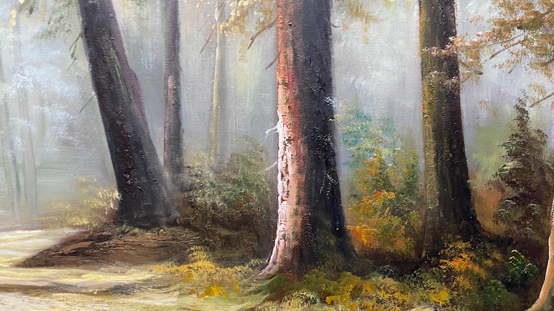 May include: A painting of a misty forest scene with tall trees and a path leading into the woods. The trees are mostly brown and green, with some hints of yellow and orange in the leaves. The path is light brown and leads into the distance.