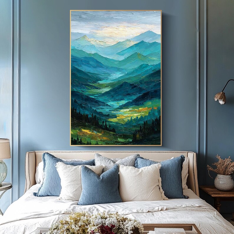 Original Mountain Oil Painting Large Green Wall Art Textured Landscape ...