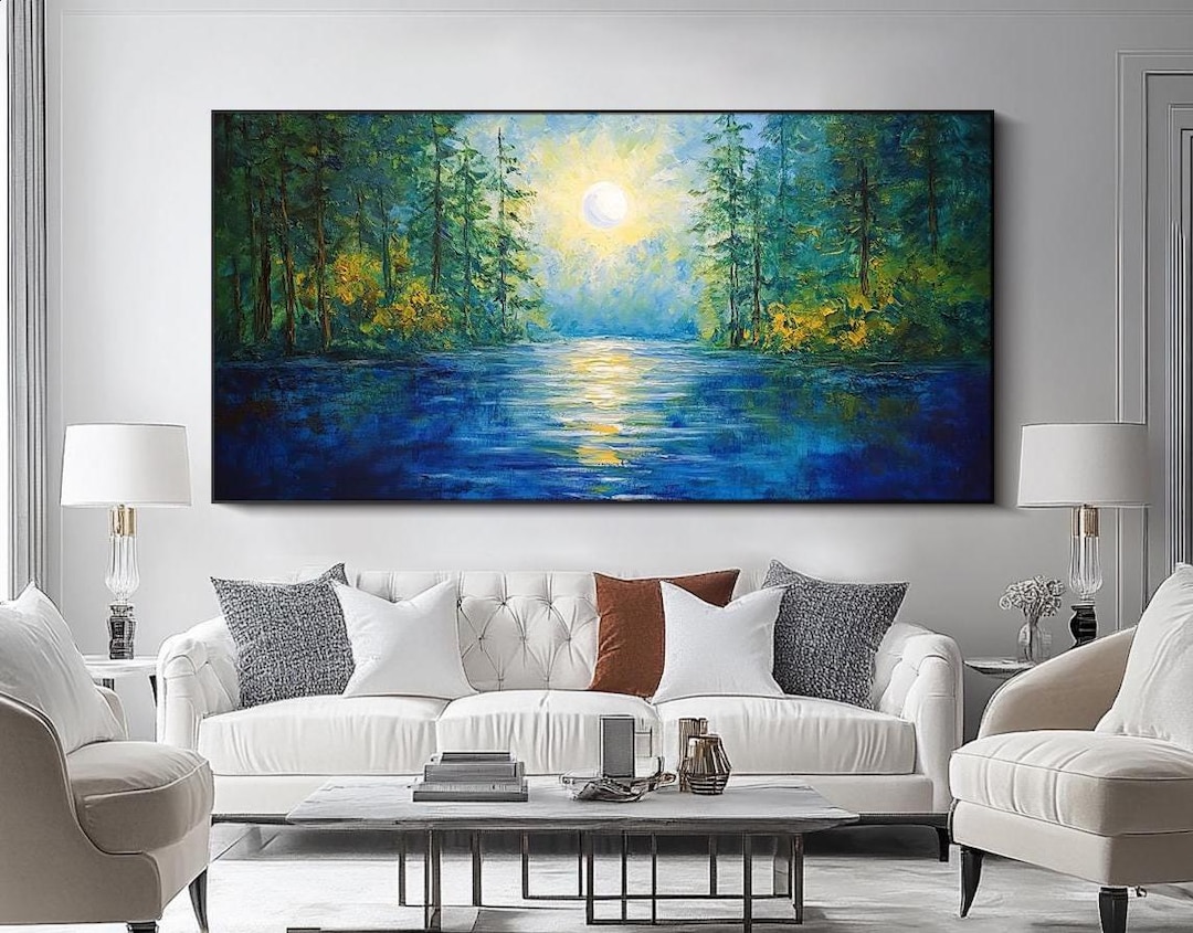 Original Forest Lake Oil Painting Textured Landscape Wall Art Moonlight ...