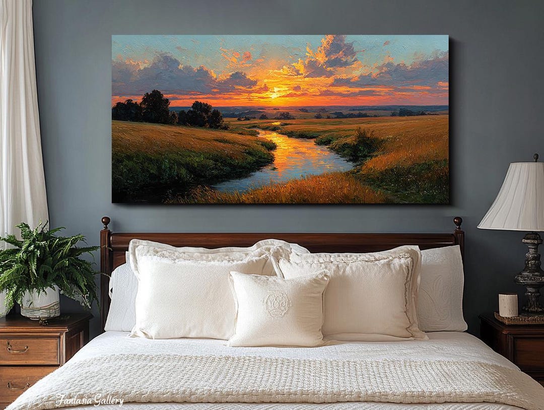 Sunset River Painting Original Landscape Oil Painting 3D Textured Wall ...