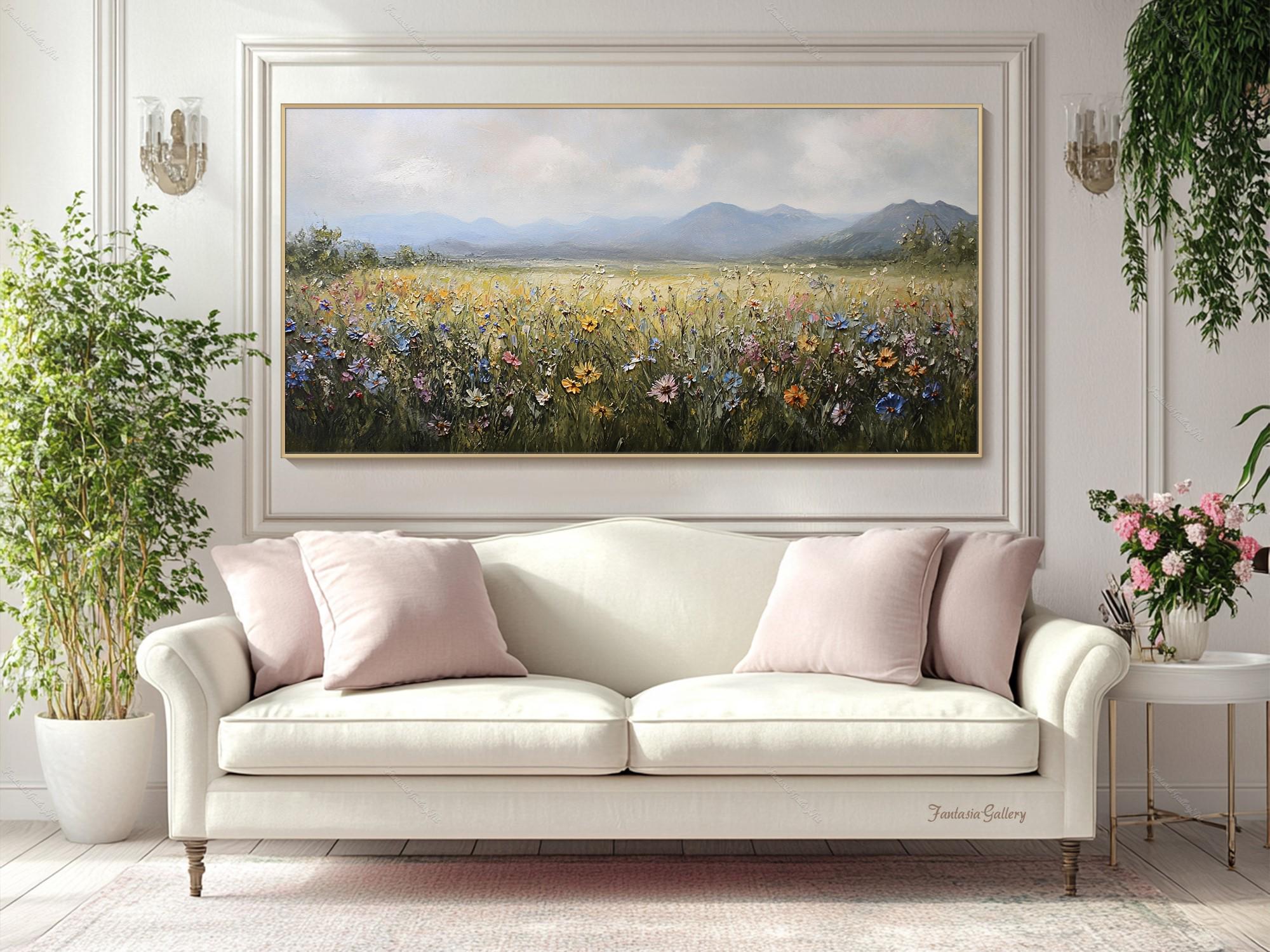Wildflower Field Oil Painting Landscape Mountain Wall Art Large Floral ...