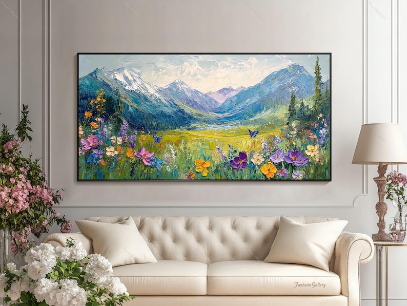 Original Landscape Oil Painting Large Mountain Wall Art Wildflower 3d ...
