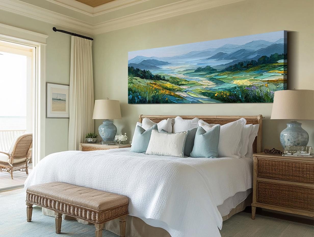 Green Nature Wall Art Mountain Landscape Oil Painting Textured Valley ...