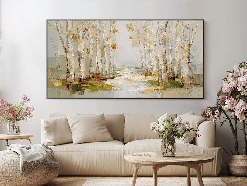 Original Abstract Landscape Oil Painting Large Textured Wall Art Birch ...