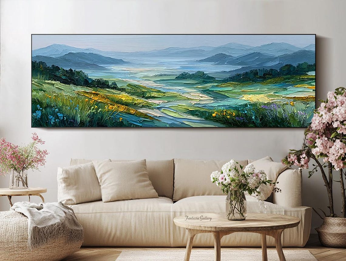 Green Nature Wall Art Mountain Landscape Oil Painting Textured Valley ...