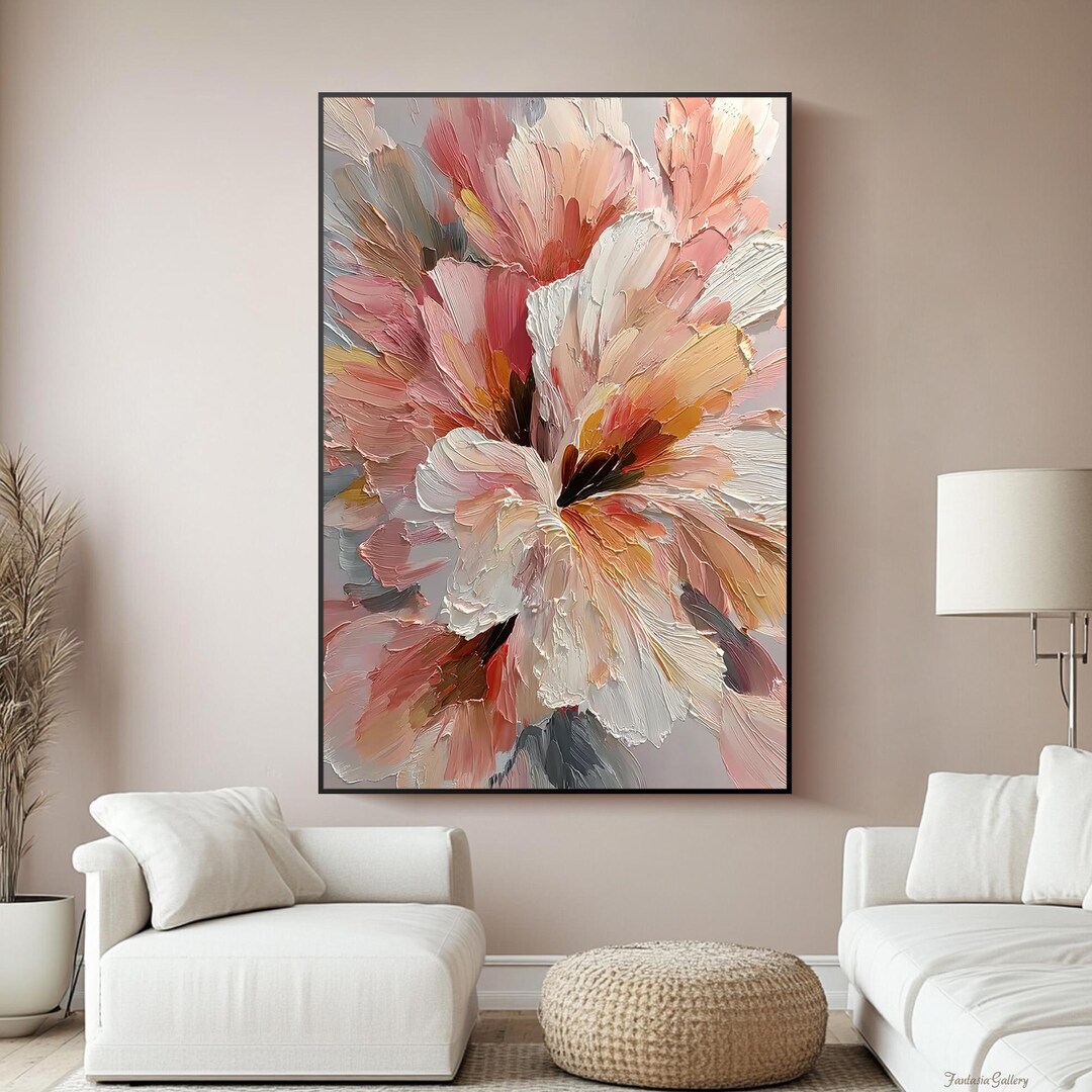Large Floral Oil Painting Original Impasto Pink Wall Art Living Room ...