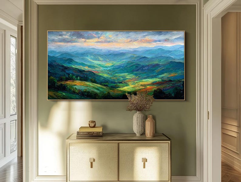 Mountain Landscape Oil Painting Green Sunrise Valley Wall Art Hills 3d ...