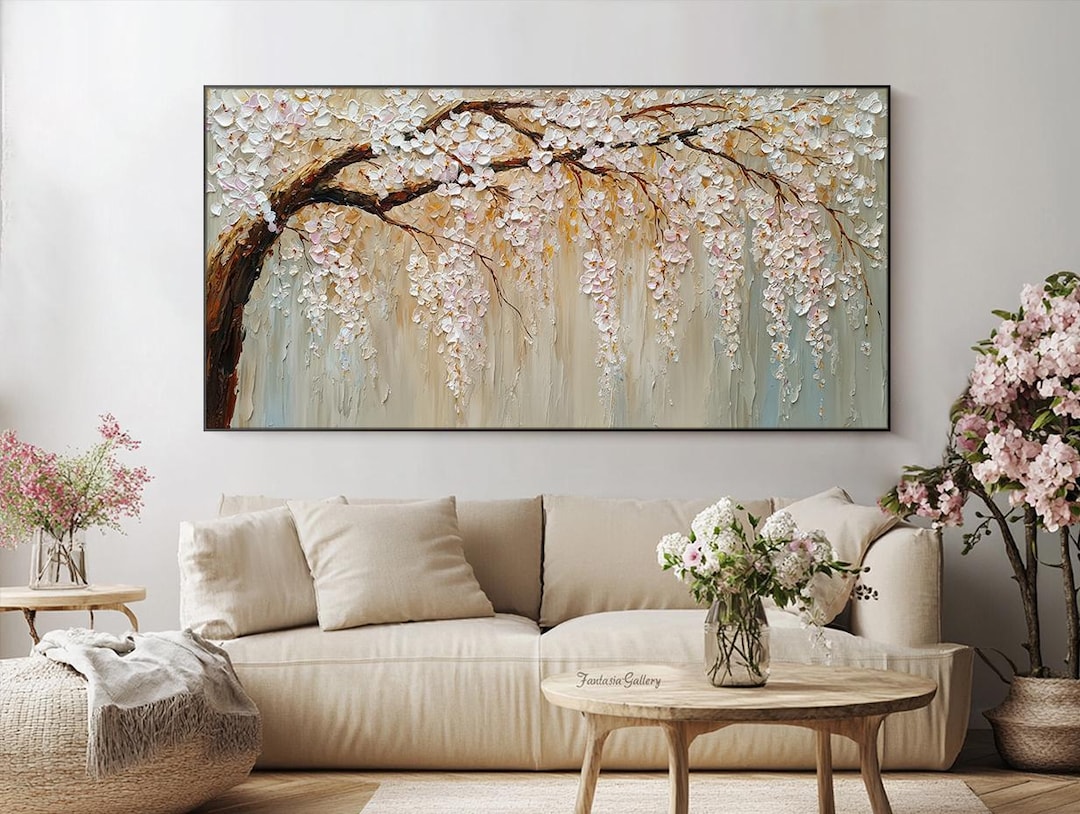 Original Textured Oil Painting White Blossom Tree Wall Art Impasto ...