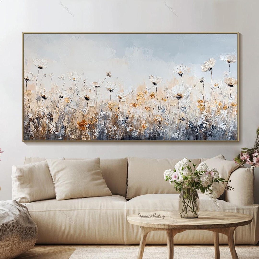 Large Floral Oil Painting Wildflowers Textured Wall Art Neutral Wall ...