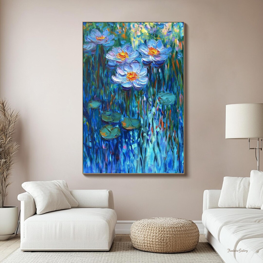 Abstract Water Lily Oil Painting Impressionist Wall Art Vintage Blue ...