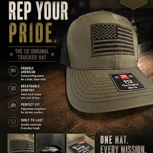 May include: An olive green trucker hat featuring a black mesh back and a rectangular American flag patch on the front. The hat includes a black sticker on the brim with the text 112 The Original MID-LG and an adjustable snapback closure.