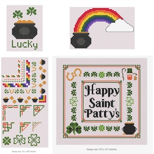 Zestaw wzorów do haftu krzyżykowego na Dzień Świętego Patryka: Garnek złota, tęcza, koniczynki (do pobrania w formacie PDF)