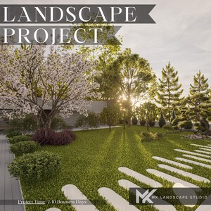 Könnte beinhalten: Eine digitale Darstellung eines Landschaftsentwurfs mit einer grünen Rasenfläche, einem blühenden Kirschbaum, verschiedenen Nadelbäumen und einem Weg aus weißen ovalen Trittsteinen. Der Text "LANDSCAPE PROJECT" und "MK LANDSCAPE STUDIO" ist sichtbar.